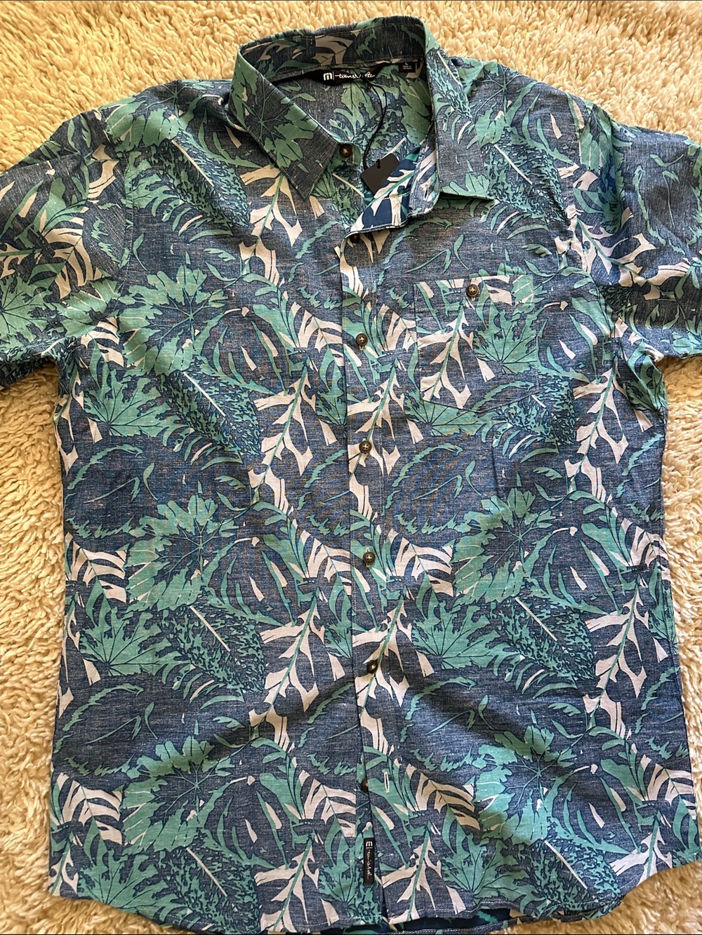 Travis Mathew Green and Blue Tropical Print Button-Up Shirt